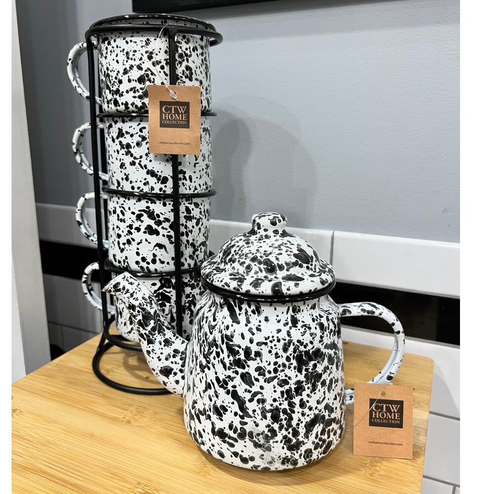 NWT CTW Home Collection Splatter Enamel Teapot Mug Tower with 4 Mugs